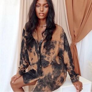 12 Tribe Black and Tan Tie-Dye Shirt Dress